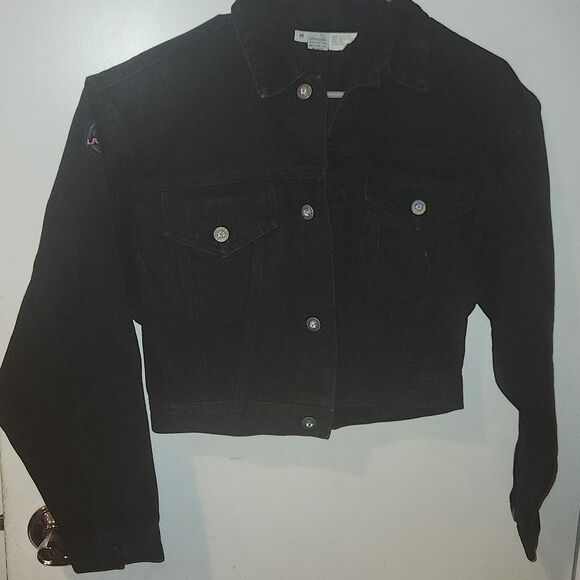 VINTAGE LA GEAR Black Denim Crop Jacket with Sequin Car Design - Picture 5 of 6